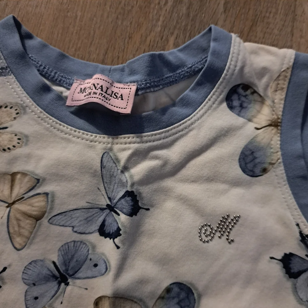 MONNALISA Kids' Blue Cream Butterfly Print Sleeveless Chiffon Dress Size 3